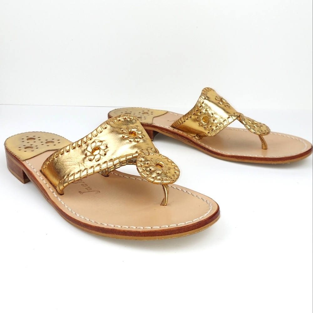 Jack Rogers Signature Jacks Flat Gold Metallic Leather Sandals Size 8.5